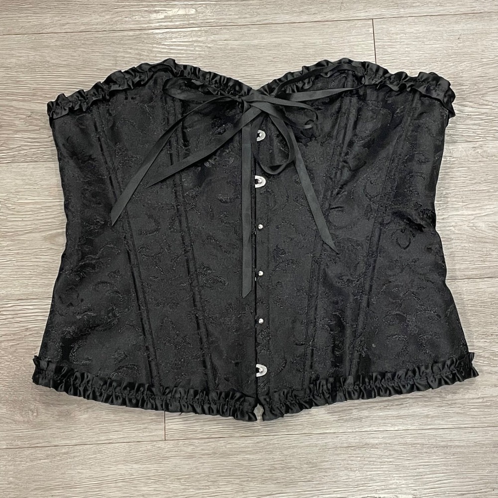 Gothic Victorian Ren Faire Black Bustier Corset Top L Boned Lace Up Festival